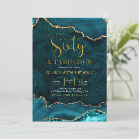 Blauwgroen en goudgas 60th en Fabulous Invitation Kaart (Staand voorkant)