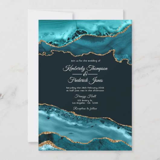 Blauwgroen en goudgeaarde bruiloft kaart (Voorkant)