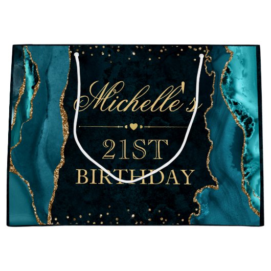 Blauwgroen en goudglitter Marble Agate Birthday Groot Cadeauzakje (Voorkant)