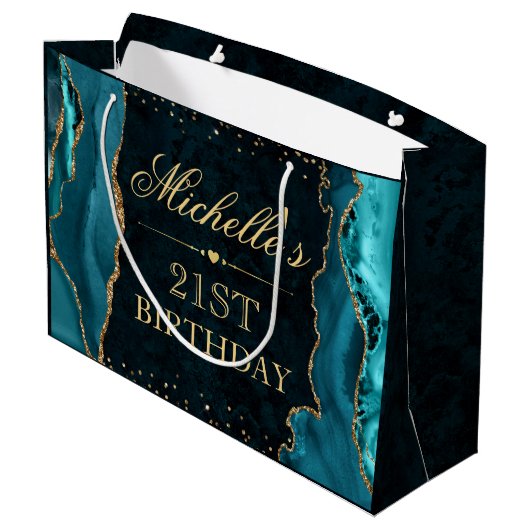 Blauwgroen en goudglitter Marble Agate Birthday Groot Cadeauzakje (Achterkant Gekanteld)
