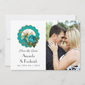 Blauwgroen en goudparskunst Deco Rozen Weddenschap Save The Date (Voorkant)