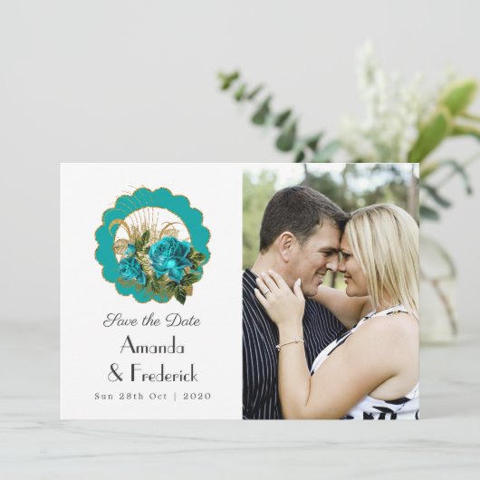 Blauwgroen en goudparskunst Deco Rozen Weddenschap Save The Date (Staand voorkant)