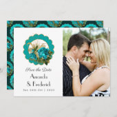 Blauwgroen en goudparskunst Deco Rozen Weddenschap Save The Date (Voorkant / Achterkant)