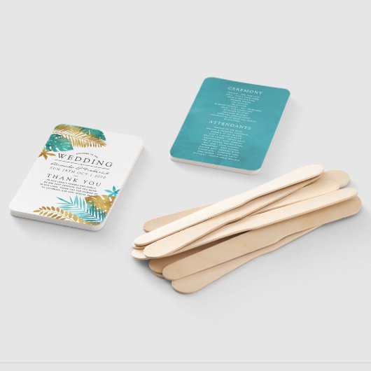 Blauwgroen en goudtropisch huwelijksprogramma handwaaier (Niet-gemonteerd)