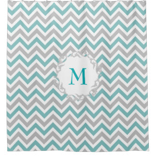 Blauwgroen en grijs Chevron Patroon met Custom Mon Douchegordijn
