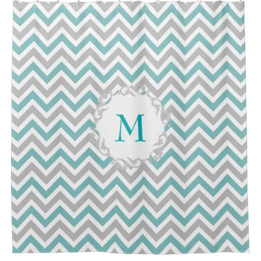 Blauwgroen en grijs Chevron Patroon met Custom Mon Douchegordijn (Voorkant)