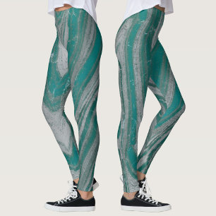 Blauwgroen en grijs Natuurlijke Wavy Patroon Chic Leggings