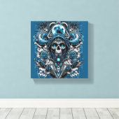 Blauwgroen en Grijs Schedel Canvas Art (Insitu (Houten vloer))