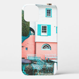 BLAUWGROEN EN GRIJS TABEL EN BENCH BESIDE WITTE EN iPhone 12 HOESJE