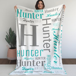 Blauwgroen en grijze naam en monogram Cloud Word A Fleece Deken