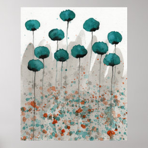 Blauwgroen en Grijze Poppies, Waterverf Flowers Wa Poster