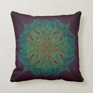 Blauwgroen en groen Lacey Mandala over Bourgogne Kussen