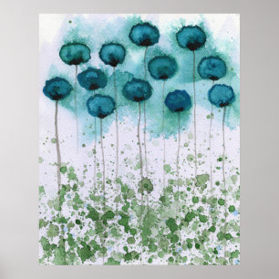 Blauwgroen en groene papavers, Waterverf Flowers W Poster