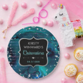 Blauwgroen en Iridescent Glitter Letters Quinceane Papieren Bordje (Feest)