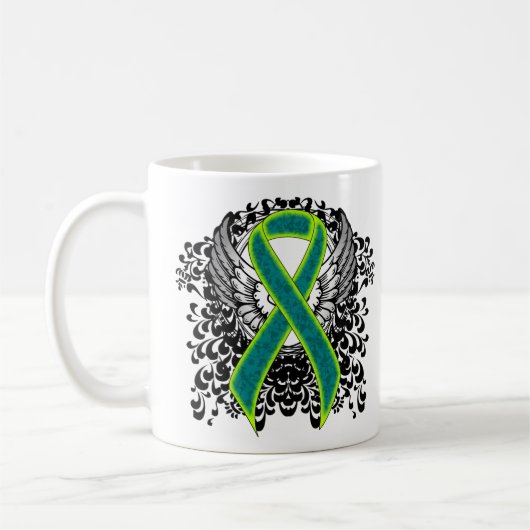 Blauwgroen en kalkgroen lint met vleugels koffiemok (Links)