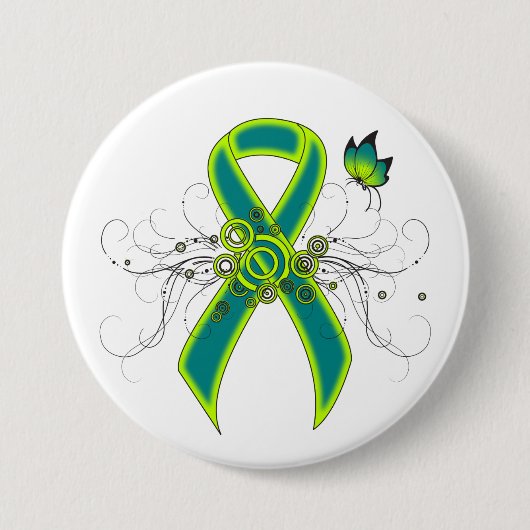 Blauwgroen en kalkgroen lint met vlinder ronde button 7,6 cm (Voorkant)
