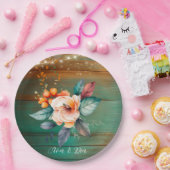 Blauwgroen en koperhout bloemlichten bruiloft papieren bordje (Feest)