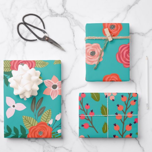 Blauwgroen en koraal Berry Pattern Inpakpapier Vel (Voorkant)