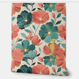 Blauwgroen en koraal Bloom Gold Accent Modern Flor Behang