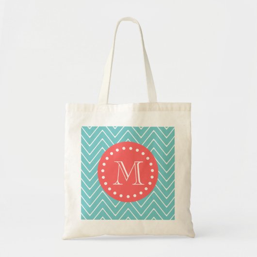 Blauwgroen en koraal Chevron met aangepast monogra Tote Bag (Voorkant)