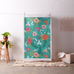 Blauwgroen en koraal Floral Patroon Stof