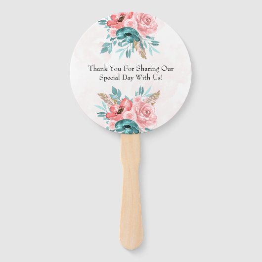 Blauwgroen en Koraal Pioen Bloem Bruiloft Custom Handwaaier (Achterkant)