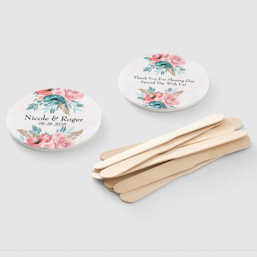 Blauwgroen en Koraal Pioen Bloem Bruiloft Custom Handwaaier (Niet-gemonteerd)