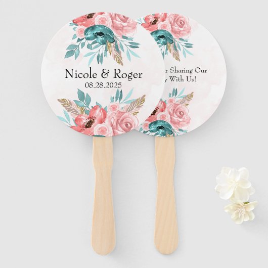 Blauwgroen en Koraal Pioen Bloem Bruiloft Custom Handwaaier (Voorkant en achterkant)