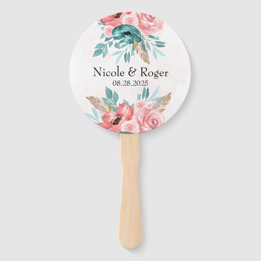 Blauwgroen en Koraal Pioen Bloem Bruiloft Custom Handwaaier (Voorkant)