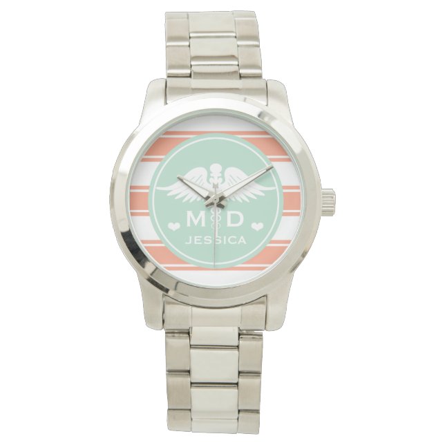 Blauwgroen en koraal streep Caduceus MD Doctor Horloge (Voorkant)