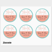 Blauwgroen en koraal zeesterren bruiloft ronde sticker (Vel)