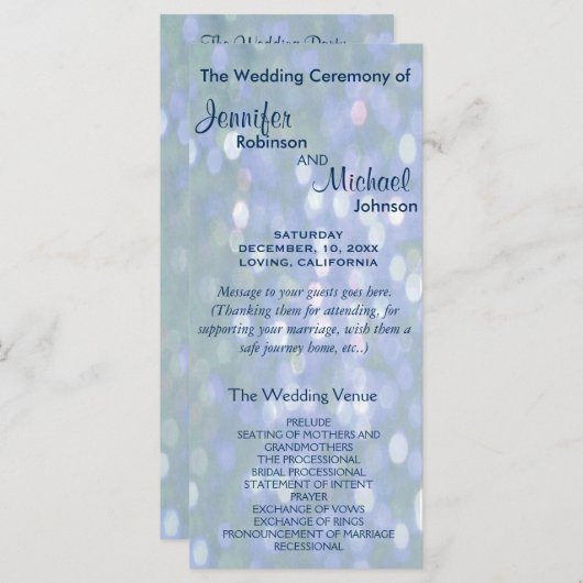 Blauwgroen en lavendel bokeh huwelijksprogramma programma (Voorkant / Achterkant)