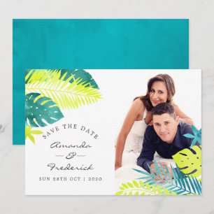 Blauwgroen en Lemon Tropical Wedding Save the Date Kaart