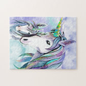 Blauwgroen en Lila Unicorn moeder en kind Legpuzzel (Horizontaal)