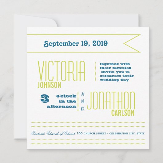 Blauwgroen en Limoen moderne Typografie Wedding Kaart (Voorkant)