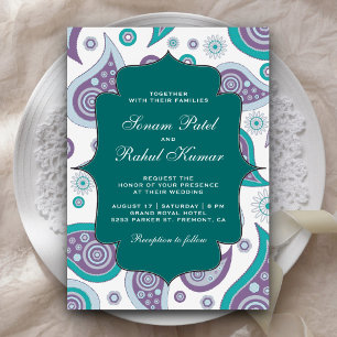 Blauwgroen en Mauve Paisley Pattern Indiase bruilo Kaart