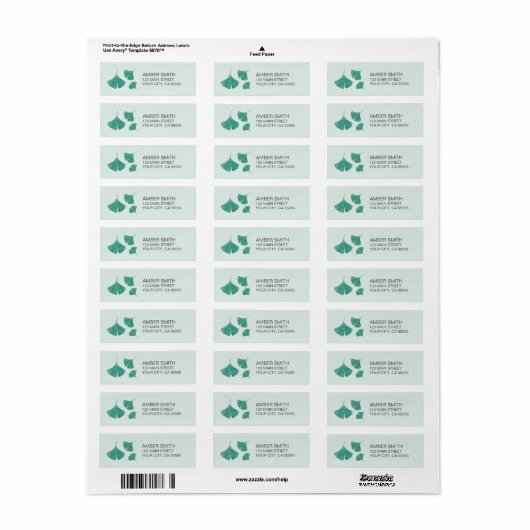 Blauwgroen en Mint Groen Waterverf Ginkgo Leaf Tri Etiket (Full Sheet)