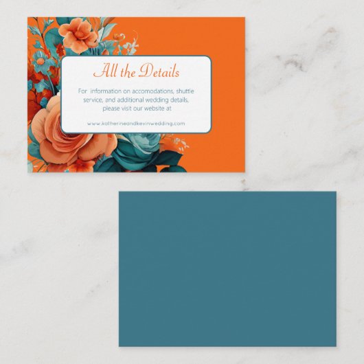 Blauwgroen en Oranje bloemenbruiloft Informatiekaartje (Voorkant / Achterkant)