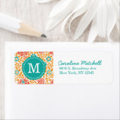 Blauwgroen en Oranje Retro Floral Damask Monogram Etiket (Insitu)