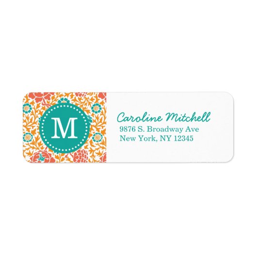 Blauwgroen en Oranje Retro Floral Damask Monogram Etiket (Voorkant)