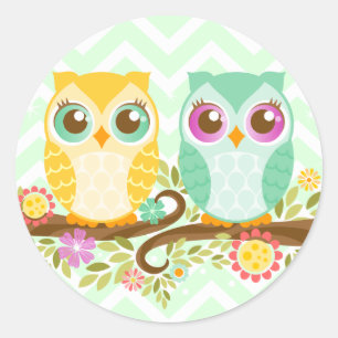Blauwgroen en Oranje Uilen - Ronde Stickers