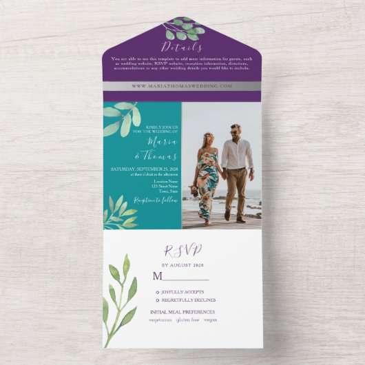 Blauwgroen en Paarse bruiloft All In One Uitnodiging (Binnen)