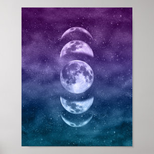 Blauwgroen en Paarse Lunar Moon Phases Celestial A Poster