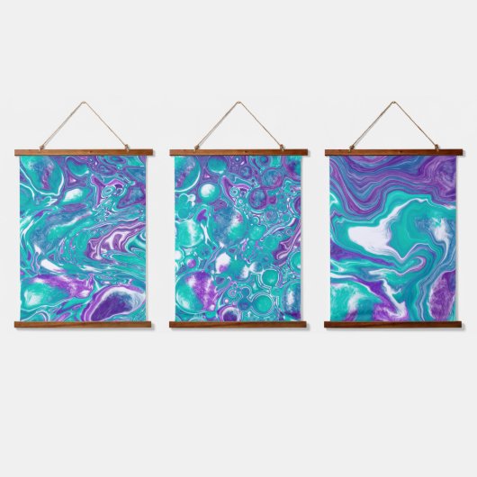 Blauwgroen en Paarse marmer fluid Art Hanging Tape Hangend Wandkleed (Driedubbel)