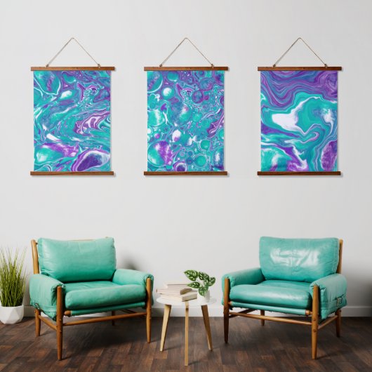 Blauwgroen en Paarse marmer fluid Art Hanging Tape Hangend Wandkleed (Woonkamer)