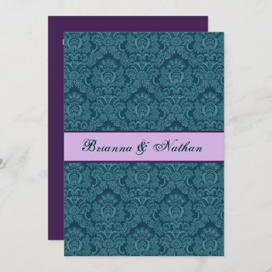 BLAUWGROEN en PAARSE uitnodiging tot huwelijk (Voorkant / Achterkant)