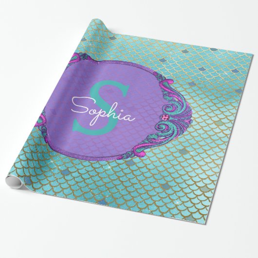 Blauwgroen en Paarse Zeemeermin Schalen Monogram V Cadeaupapier (Uitgerold)