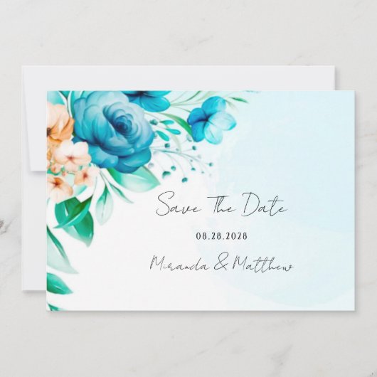Blauwgroen en Perzige Waterverf Florals sparen de Kaart (Voorkant)
