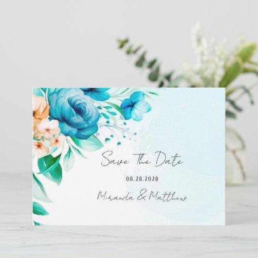 Blauwgroen en Perzige Waterverf Florals sparen de Kaart (Staand voorkant)