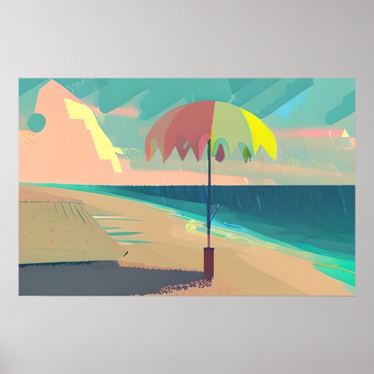 Blauwgroen en perzik strand, berg en paraplu poster (Voorkant)